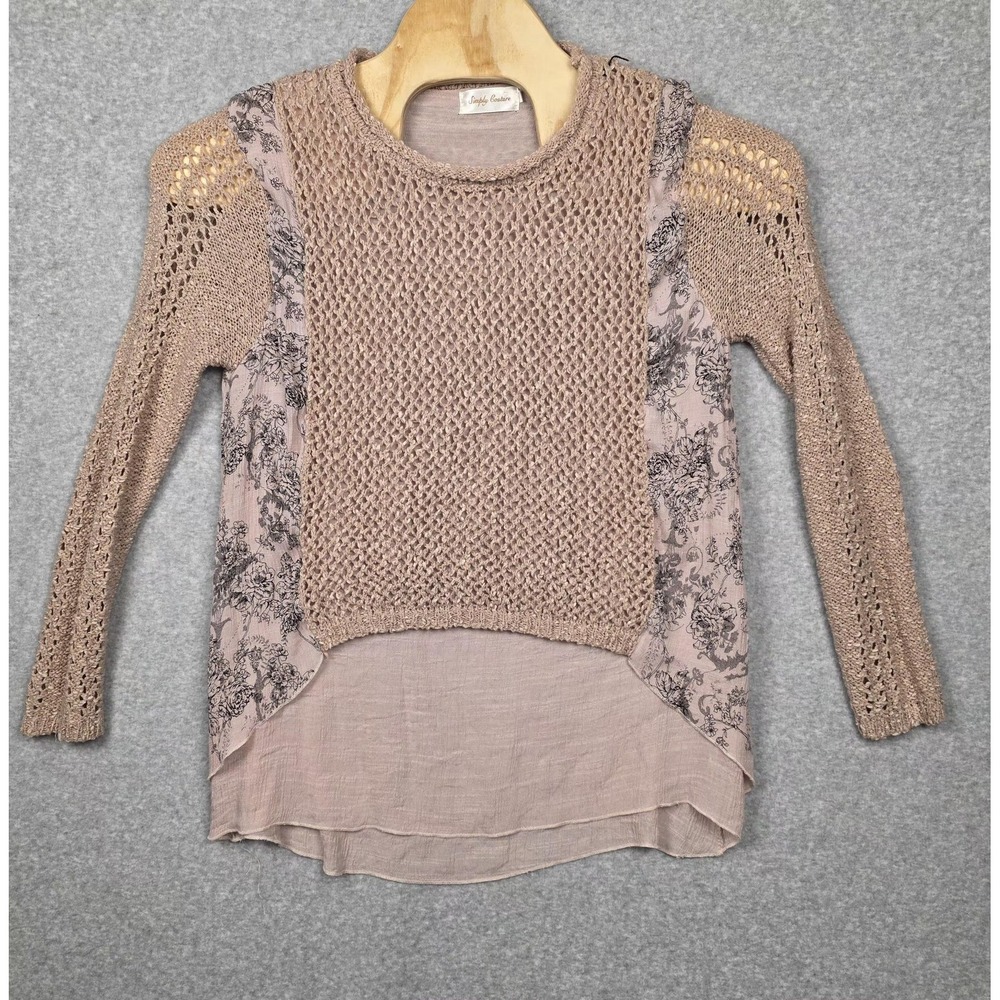 Simply Couture Sweater Womens Large Pink Crochet Knit High Low Hem Floral
